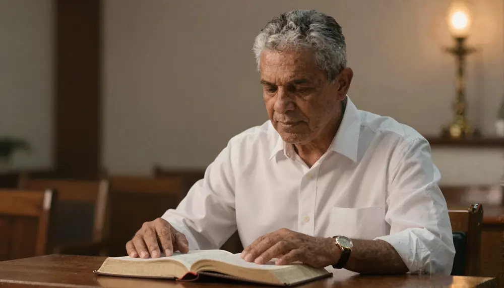 Pregador estudando a Bíblia à noite na mesa de estudo