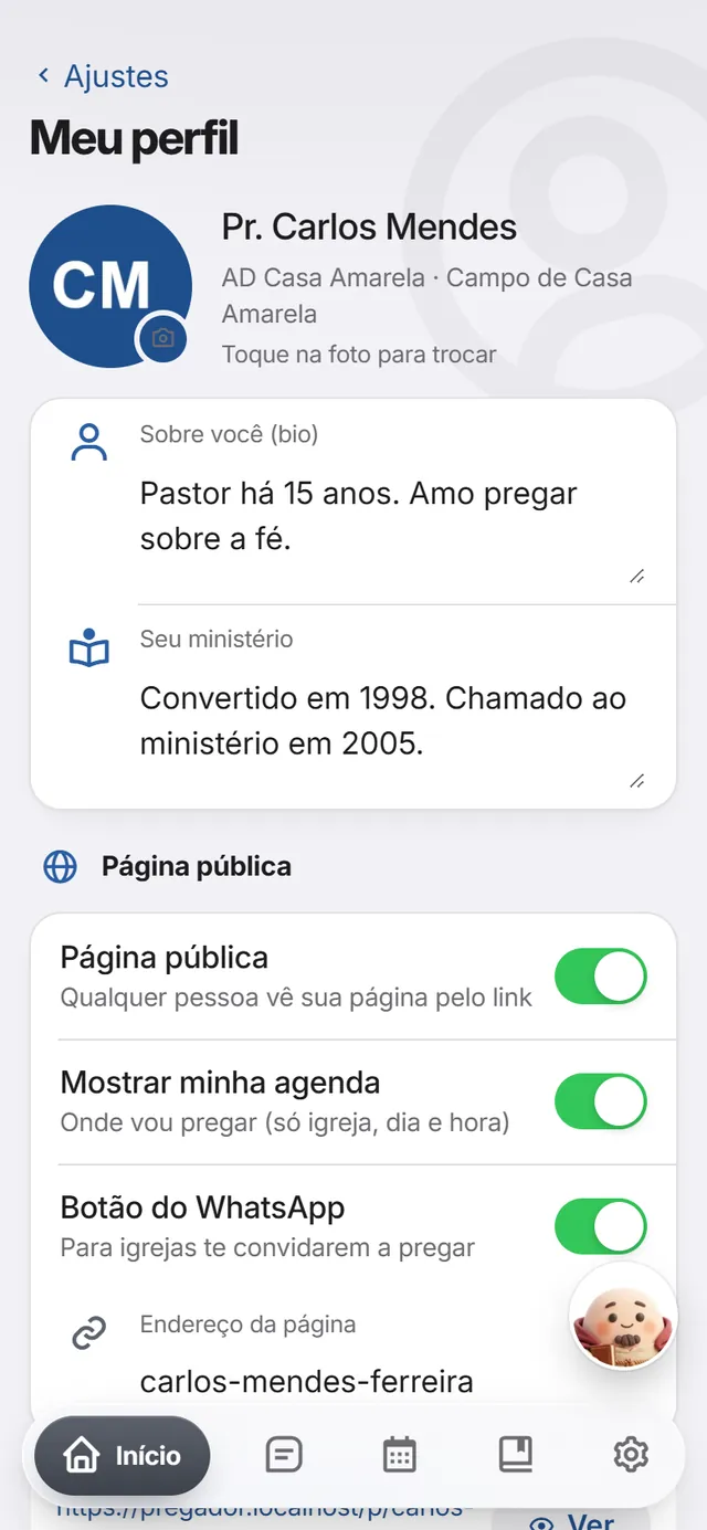 Tela do app: Página pública